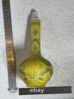 Bohemian Moser Antique Art Bâton En Verre Col Vase/bottle Enamel Jaune