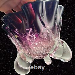 Bol de table en verre d'art polonais vintage, signé, en verre craquelé violet et transparent.