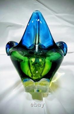 Bol décoratif vintage en verre soufflé à la main, bleu-vert, bohémien tchèque