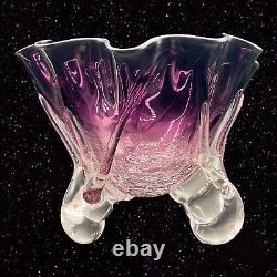 Bol vase de centre en verre d'art polonais vintage, craquelé violet transparent, verre signé