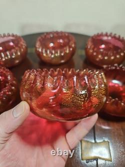 Bols à rincer en verre de cranberry victorien antique soufflés à la main avec aventurine