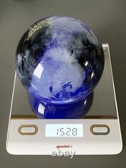 Boule en verre bleu signée, créateur de verre artistique, design rétro.