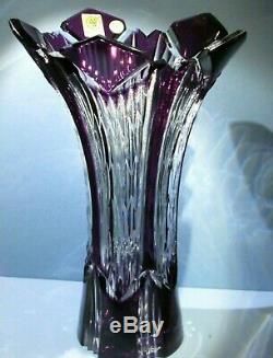 Caesar Crystal Violet Vase Clear Cut Overlay Tchèque Bohême Cased Verre Art