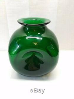 Century Vintage MID Art Moderne Bouteille En Verre Vert Vase Pincez Dimple 8 Blenko