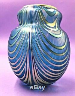 Charles Lotton Bleu Irisé Drapé Art Glass Vase Signé / Daté 1980