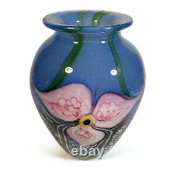 Complexe Gorgeeux 2002 Robert Eickholt Studio Art Glass Vase Blue Avec Fleurs Pink