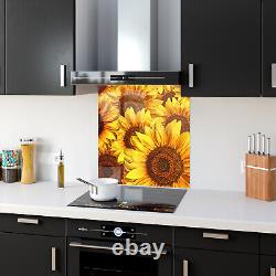 Crédence de cuisine en verre trempé avec des carreaux résistants, taille personnalisée, tournesols en macro-art LxH