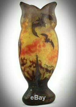 Daum Nancy Acide Art Nouveau Etched'bats '/' Vase En Verre Camée ' Chauves Souris
