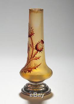 Daum Vase Chardon Camée Art Nouveau Verre Français Vers 1900 Signé À La Base