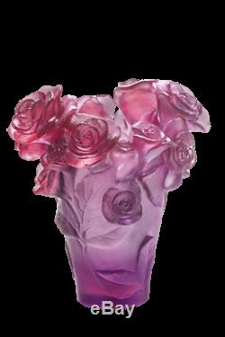 Daum Vase Passion Cristal Roses Rose Art Verre Fabriqué En France