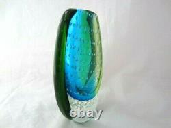 De Forme Ovale Lourde Murano Somerso Style Art Vase En Verre Bleu Vert & Bullicante