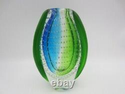 De Forme Ovale Lourde Murano Somerso Style Art Vase En Verre Bleu Vert & Bullicante