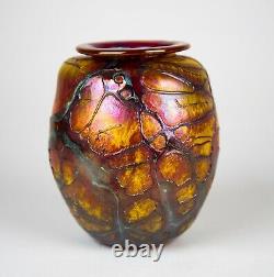 Drew Smith Art Glass Iridescent Red & Gold Vase Signé Vers 1977
