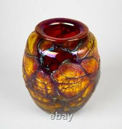 Drew Smith Art Glass Iridescent Red & Gold Vase Signé Vers 1977