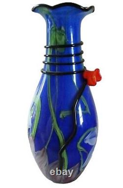 ÉNORME Vase en verre d'art Murano Italie multicolore bleu cobalt floral de 43 cm, 17 4kg