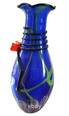 ÉNORME Vase en verre d'art Murano Italie multicolore bleu cobalt floral de 43 cm, 17 4kg