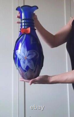 ÉNORME Vase en verre d'art Murano Italie multicolore bleu cobalt floral de 43 cm, 17 4kg