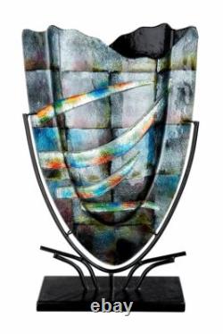 Énorme ! Vase en verre abstrait de galerie frappant de 58 cm sur support en métal