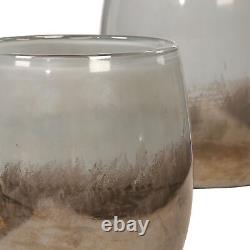 Ensemble de 2 bols vases bas en verre d'art gris brun tons de terre irisés du milieu du siècle.