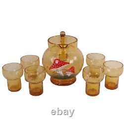 Ensemble de carafe et six verres en verre tchèque en forme de champignon, ambre craquelé, milieu du siècle.