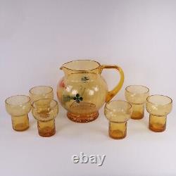 Ensemble de carafe et six verres en verre tchèque en forme de champignon, ambre craquelé, milieu du siècle.