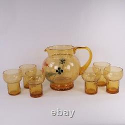 Ensemble de carafe et six verres en verre tchèque en forme de champignon, ambre craquelé, milieu du siècle.