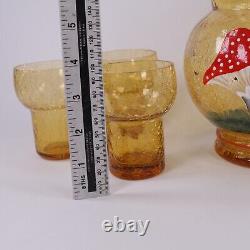 Ensemble de carafe et six verres en verre tchèque en forme de champignon, ambre craquelé, milieu du siècle.