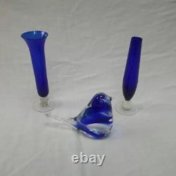 Ensemble de vases en verre bleu, oiseaux en verre bleu, vases en verre clair avec tige en bleu cobalt, ensemble décoratif de 3.