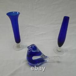 Ensemble de vases en verre bleu, oiseaux en verre bleu, vases en verre clair avec tige en bleu cobalt, ensemble décoratif de 3.