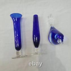 Ensemble de vases en verre bleu, oiseaux en verre bleu, vases en verre clair avec tige en bleu cobalt, ensemble décoratif de 3.