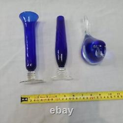 Ensemble de vases en verre bleu, oiseaux en verre bleu, vases en verre clair avec tige en bleu cobalt, ensemble décoratif de 3.