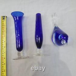 Ensemble de vases en verre bleu, oiseaux en verre bleu, vases en verre clair avec tige en bleu cobalt, ensemble décoratif de 3.
