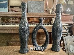 Ensemble de vases en verre craquelé MCM noir gris décor artistique sculptural texturé haut