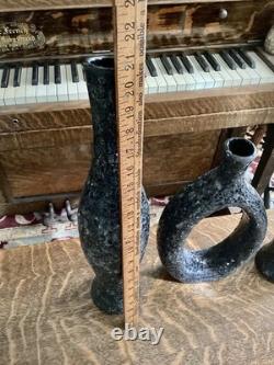 Ensemble de vases en verre craquelé MCM noir gris décor artistique sculptural texturé haut