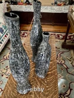 Ensemble de vases en verre craquelé MCM noir gris décor artistique sculptural texturé haut