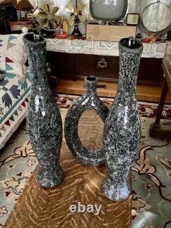 Ensemble de vases en verre craquelé MCM noir gris décor artistique sculptural texturé haut