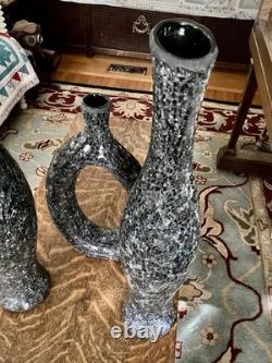 Ensemble de vases en verre craquelé MCM noir gris décor artistique sculptural texturé haut