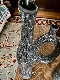 Ensemble de vases en verre craquelé MCM noir gris décor artistique sculptural texturé haut