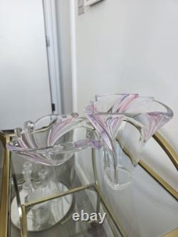 Ensemble en verre artistique MCM rose et violet Sommerso soufflé à la main, vase et coupe à fruits à bord festonné