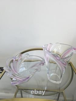 Ensemble en verre artistique MCM rose et violet Sommerso soufflé à la main, vase et coupe à fruits à bord festonné