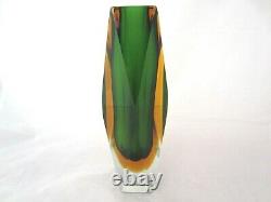 Facette Verte Et Ambrée Monumentale Coupée Murano Sommerso Vase En Verre D’art Rare Size