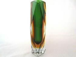 Facette Verte Et Ambrée Monumentale Coupée Murano Sommerso Vase En Verre D’art Rare Size