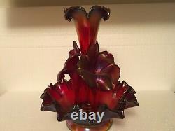 Fenton Art Glass Deep Ruby Rouge Couleur Stretch 5 Pc Epergne Ruffled Gorgeous