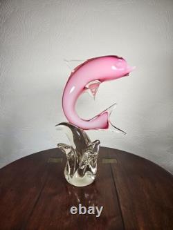 Figurine en verre artistique vintage de dauphin rose dans une vague avec étiquette Vetro Artistico