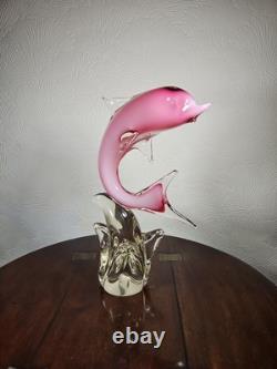 Figurine en verre artistique vintage de dauphin rose dans une vague avec étiquette Vetro Artistico