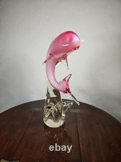 Figurine en verre artistique vintage de dauphin rose dans une vague avec étiquette Vetro Artistico