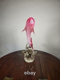 Figurine en verre artistique vintage de dauphin rose dans une vague avec étiquette Vetro Artistico