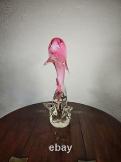 Figurine en verre artistique vintage de dauphin rose dans une vague avec étiquette Vetro Artistico