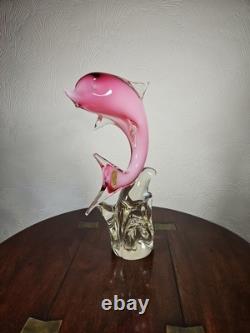 Figurine en verre artistique vintage de dauphin rose dans une vague avec étiquette Vetro Artistico