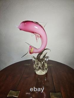 Figurine en verre artistique vintage de dauphin rose dans une vague avec étiquette Vetro Artistico